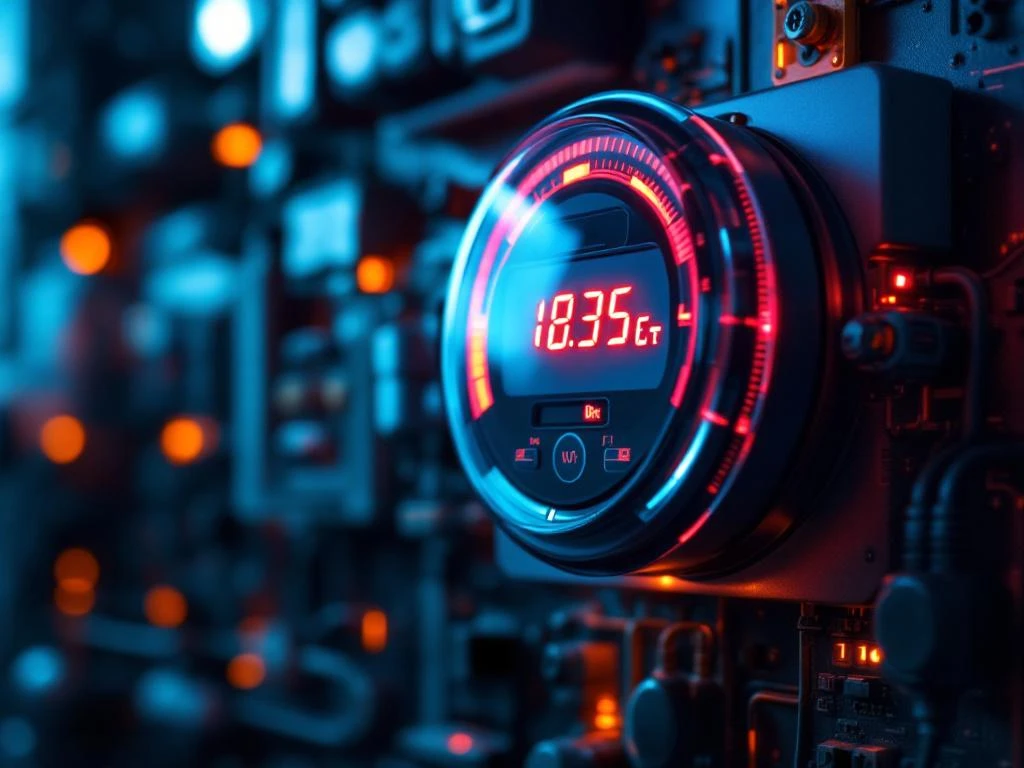 Digitaalinen sähkömittari punaisilla, nopeasti kasvavilla numeroilla, taustalla kodinkoneet ja sähköjohdot