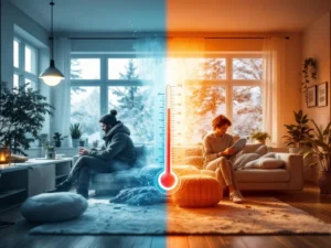 Lämpömittari näyttää ääriarvojen välistä eroa suomalaisessa kodissa, vasemmalla kylmä ja oikealla kuuma huone