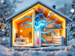 Poikkileikkauskuva talon sisätiloista, jossa näkyy kylmän ilman virtaus huonosti eristettyjen seinien läpi sinisillä virtauksilla