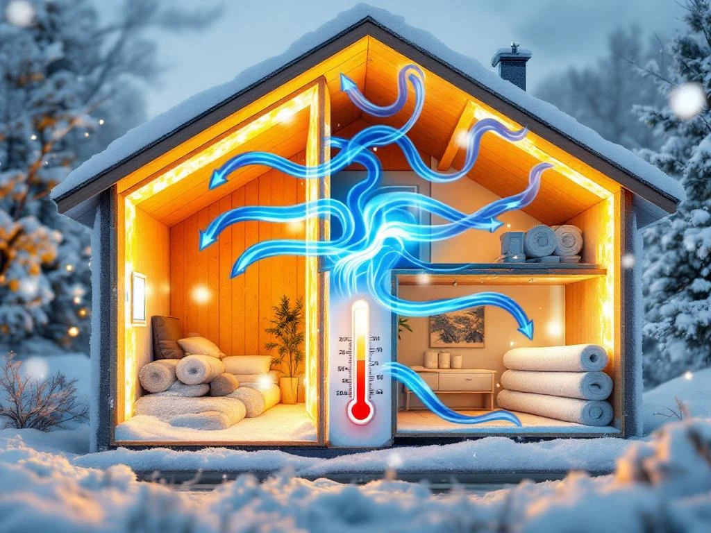 Poikkileikkauskuva talon sisätiloista, jossa näkyy kylmän ilman virtaus huonosti eristettyjen seinien läpi sinisillä virtauksilla