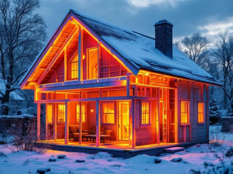 Talon poikkileikkaus lämpökameralla: lämpöhukka näkyy punaisena katosta ja ikkunoista, sininen ulkoilma talvella