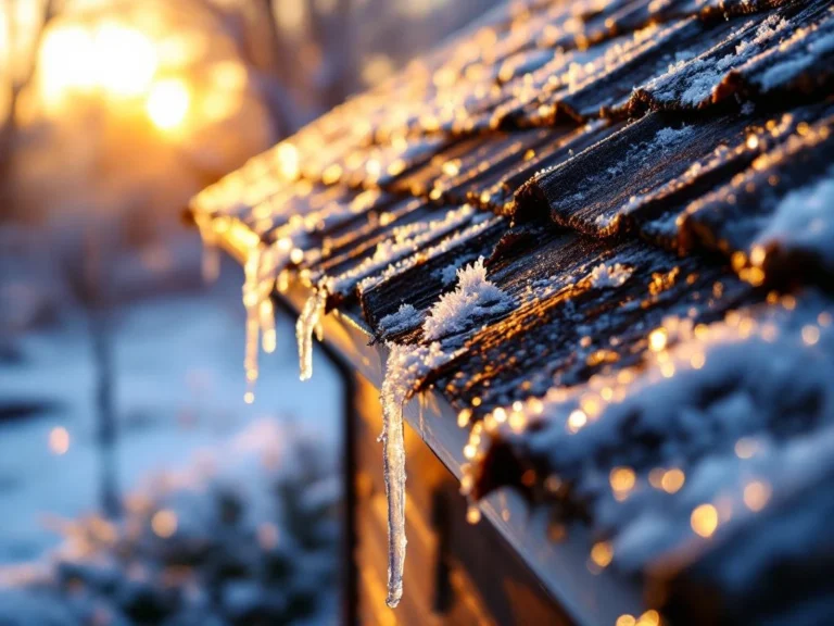 Huurretta ja jäätä kattolappeilla ja räystäissä talviaamuna, kuluneet kattomateriaalit näkyvissä kultaisessa valossa