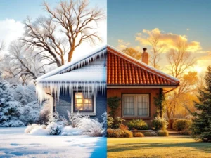 Talo jaettuna diagonaalisesti talvi- ja kesäpuoliskoon, vasemmalla lunta ja jääpuikkoja, oikealla punainen katto ja vihreää kasvillisuutta