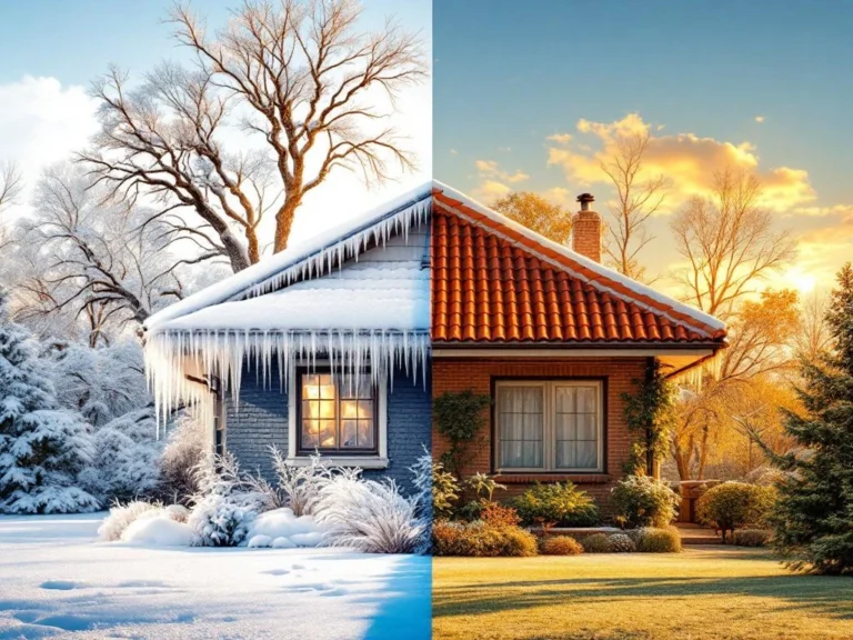 Talo jaettuna diagonaalisesti talvi- ja kesäpuoliskoon, vasemmalla lunta ja jääpuikkoja, oikealla punainen katto ja vihreää kasvillisuutta