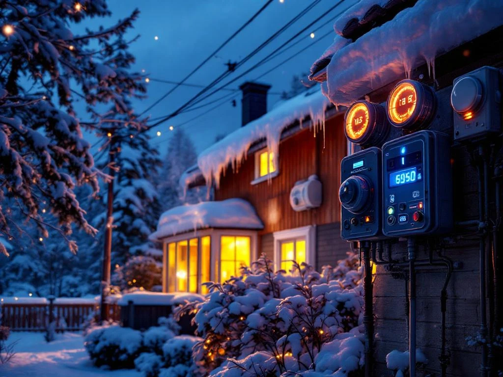 Suomalainen talo talvi-illassa hehkuvine ikkunoineen, etualalla sähkömittareita ja sähkölinjoja energiankulutuksen korostamiseksi